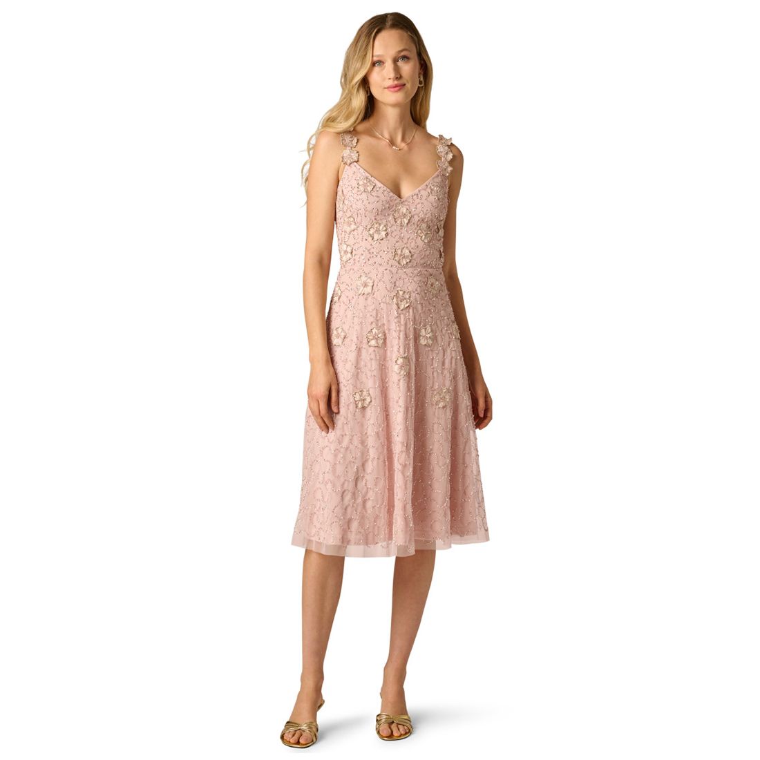 Adrianna Papell Women's Bead Flower Petal V-Neck Midi Gown