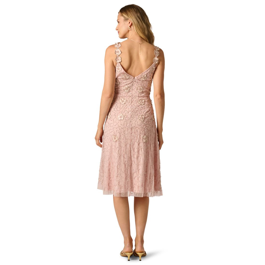 Adrianna Papell Women's Bead Flower Petal V-Neck Midi Gown