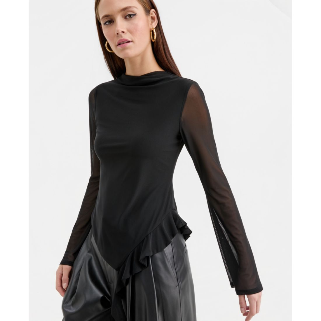 Bar Iii Women's Mock-Neck Asymmetrical Ruffled-Hem Top, Macy's Exclusive
