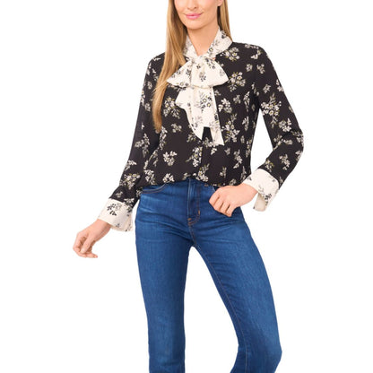 CeCe Women's Floral Bow-Tie V-Neck Button-Up Long Cuff-Sleeve Blouse