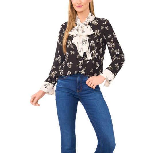 CeCe Women's Floral Bow-Tie V-Neck Button-Up Long Cuff-Sleeve Blouse