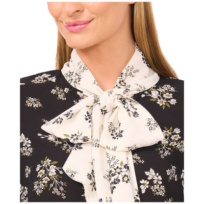 CeCe Women's Floral Bow-Tie V-Neck Button-Up Long Cuff-Sleeve Blouse