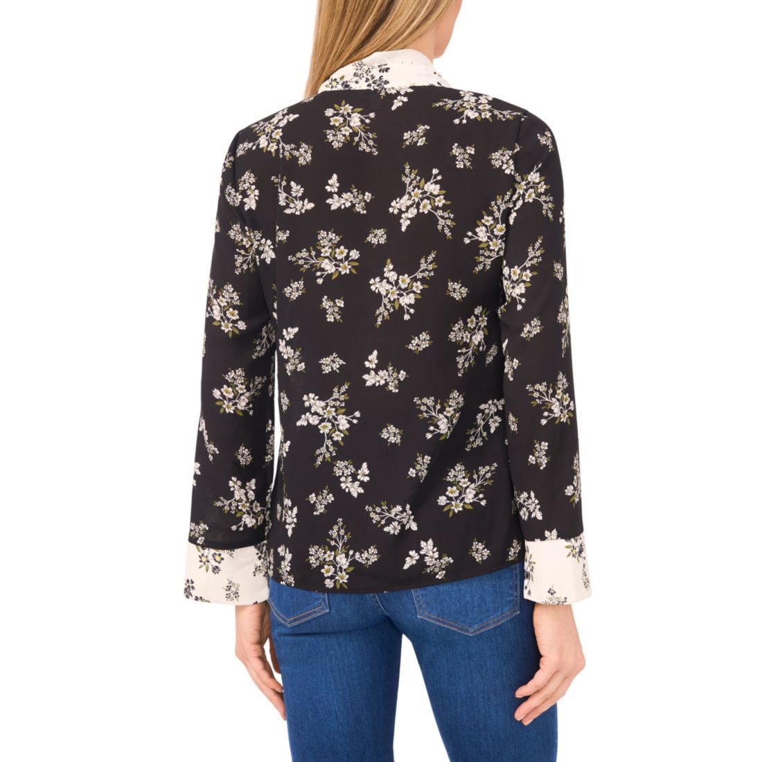 CeCe Women's Floral Bow-Tie V-Neck Button-Up Long Cuff-Sleeve Blouse