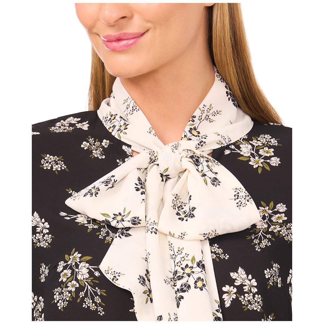 CeCe Women's Floral Bow-Tie V-Neck Button-Up Long Cuff-Sleeve Blouse