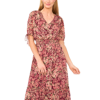 CeCe Women's Smocked Waist V-Neck Maxi Dress