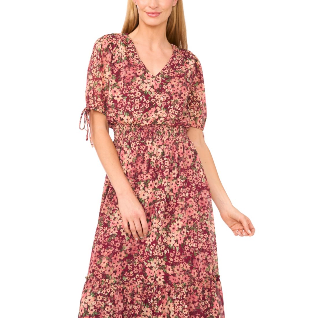 CeCe Women's Smocked Waist V-Neck Maxi Dress