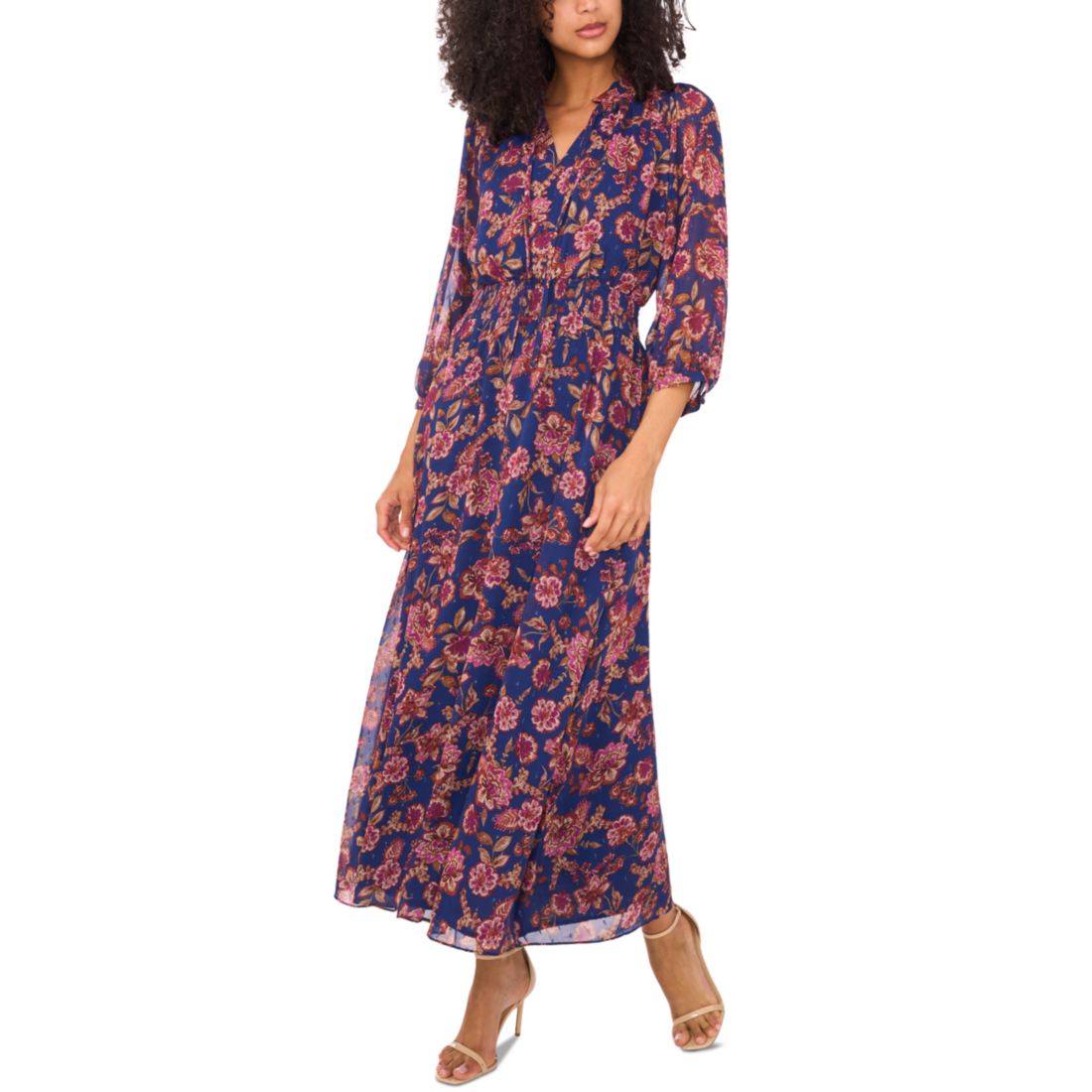 Vince Camuto Women's Printed Tie-Neck Puff-Sleeve Maxi Dress