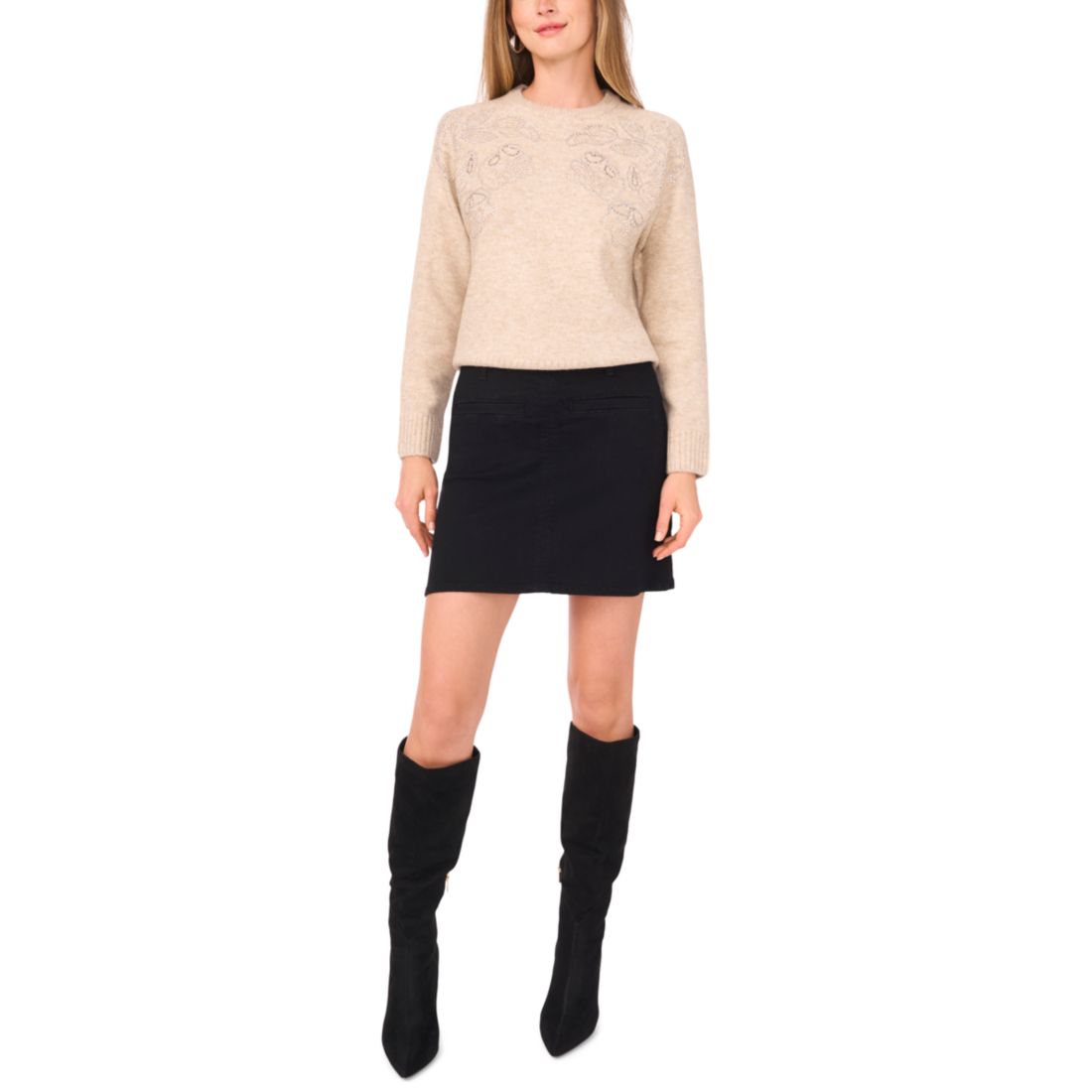 Vince Camuto Women's Embellished Detail Long Sleeve Sweater