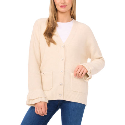 CeCe Women's V-Neck Ruffle Cuff Cardigan Sweater