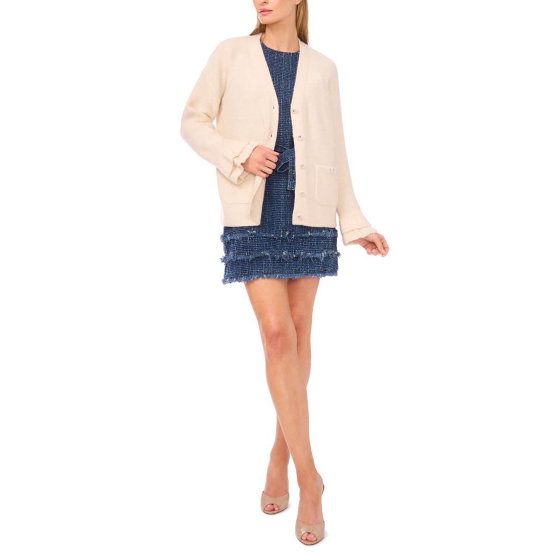 CeCe Women's V-Neck Ruffle Cuff Cardigan Sweater