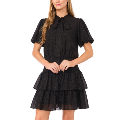CeCe Women's Puff Sleeve Tie Neck Dress