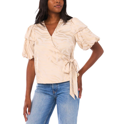 Vince Camuto Women's Bubble Sleeve V-Neck Wrap Tie Top