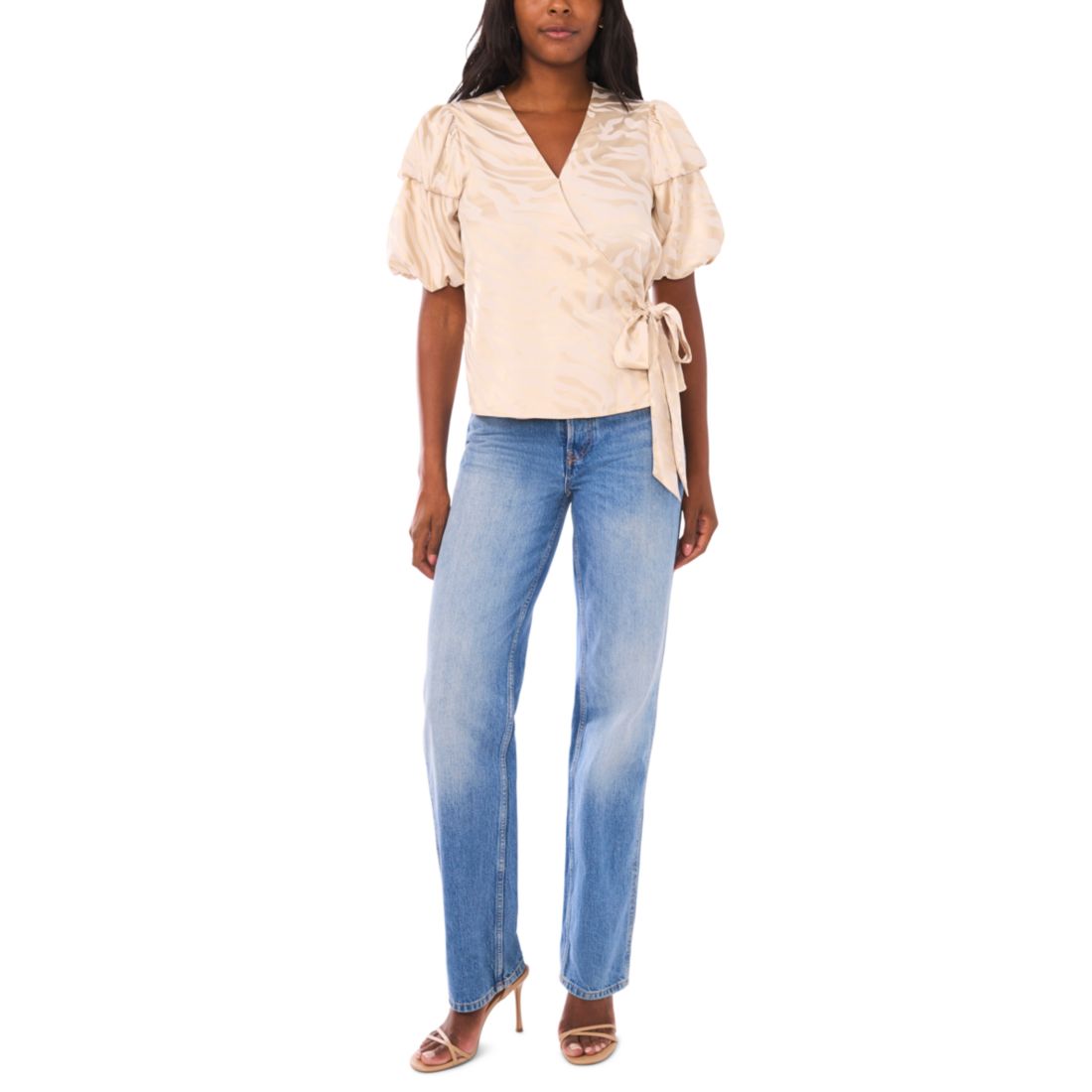 Vince Camuto Women's Bubble Sleeve V-Neck Wrap Tie Top