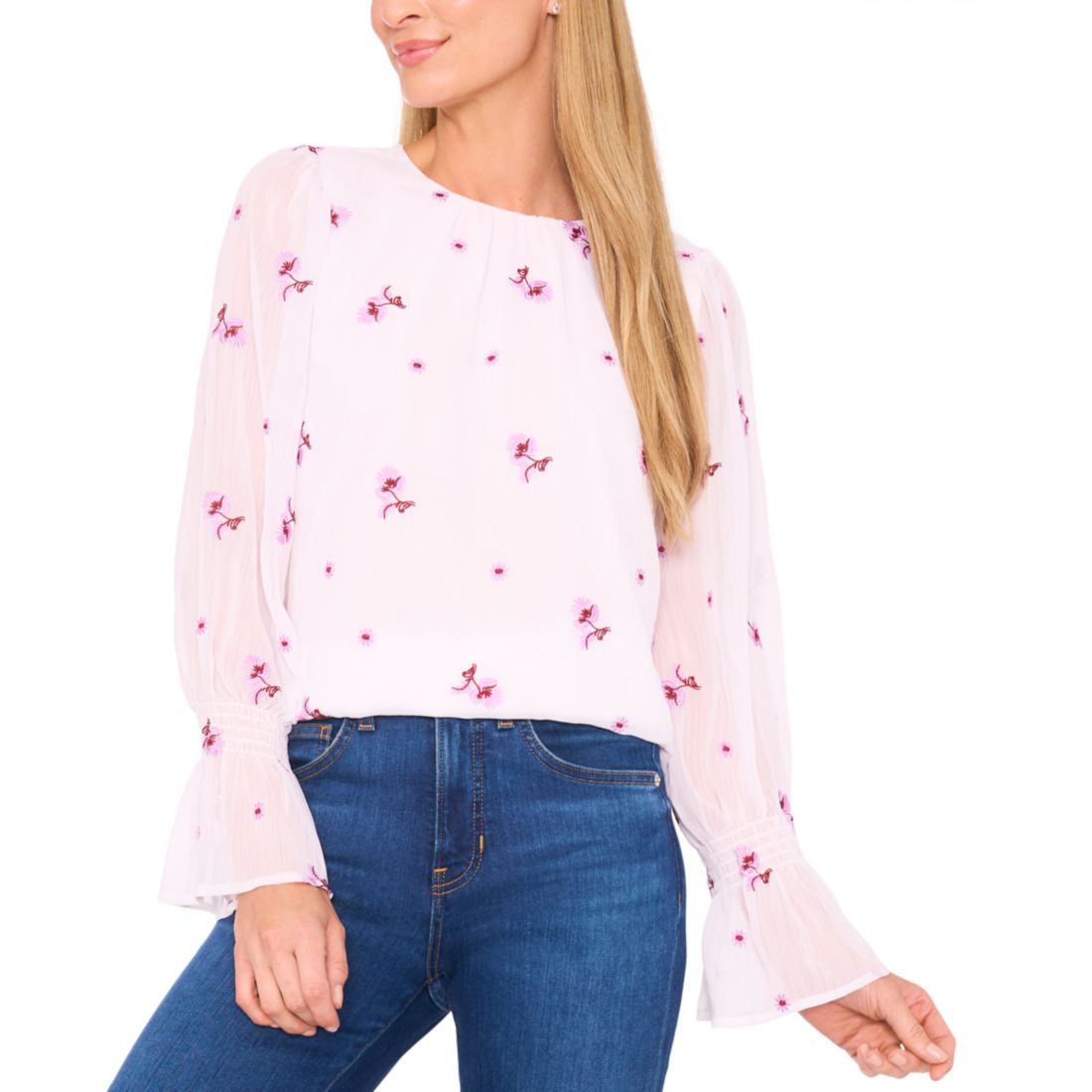 CeCe Women's Long Sleeve Embroidered Smocked Cuff Top