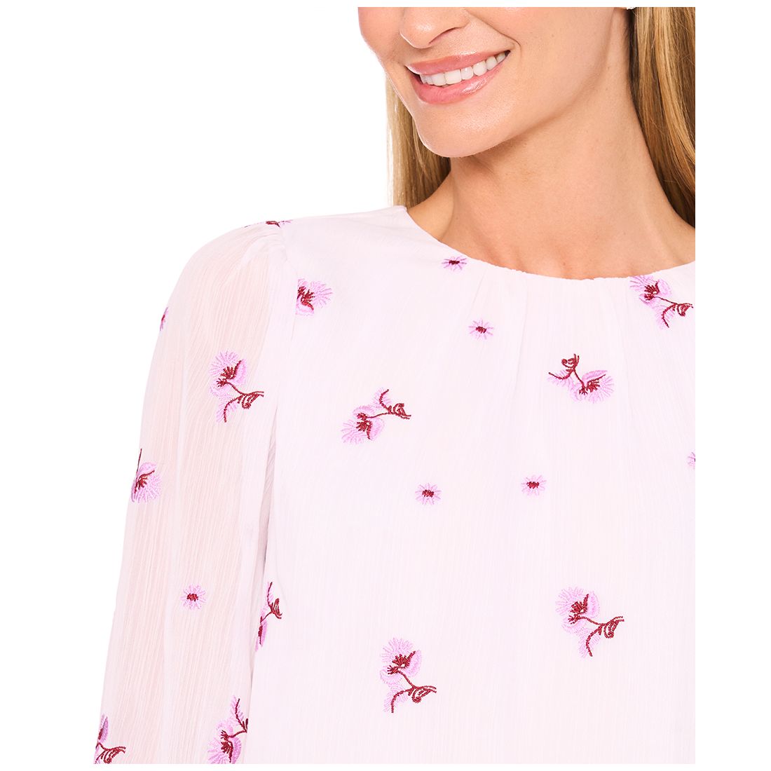 CeCe Women's Long Sleeve Embroidered Smocked Cuff Top