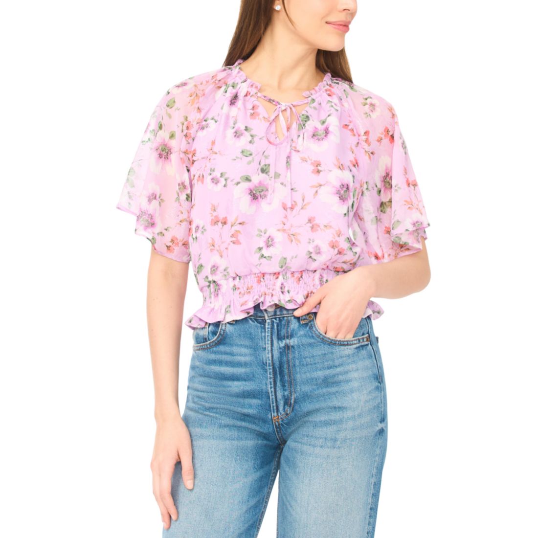 CeCe Women's Raglan Sleeves Keyhole Elastic Waist Top