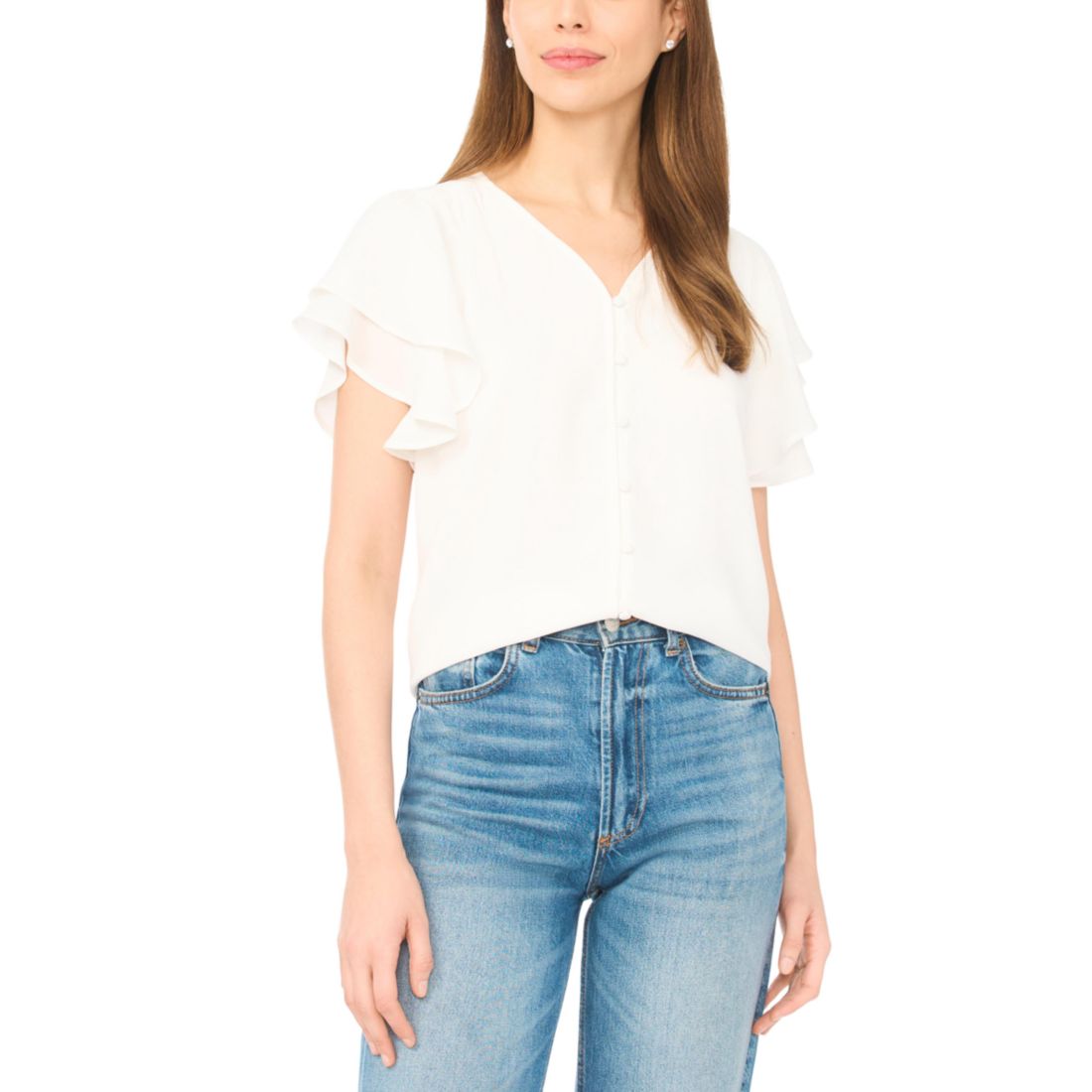 CeCe Women's V-Neck Double Flutter Sleeves Top