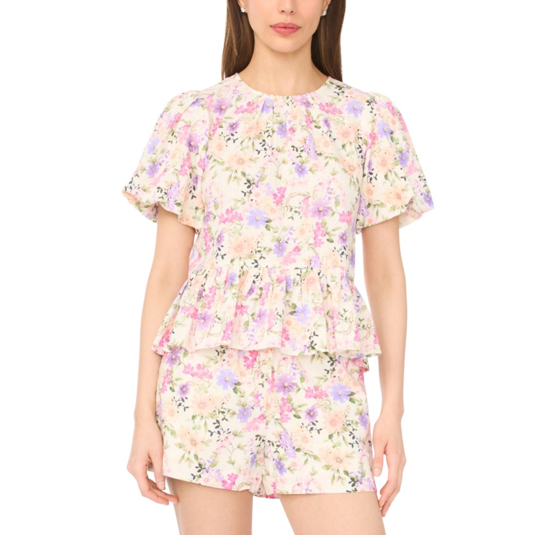 CeCe Women's Puff Sleeves Shirred Crew Neck Peplum Top