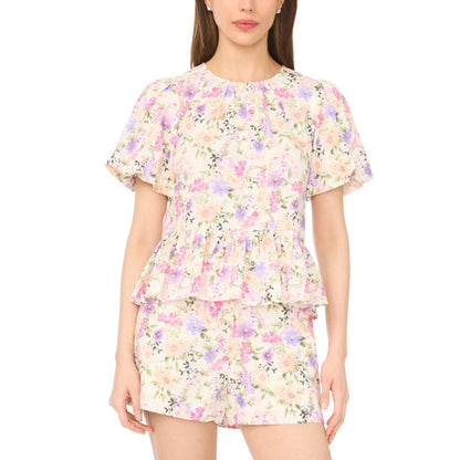 CeCe Women's Puff Sleeves Shirred Crew Neck Peplum Top