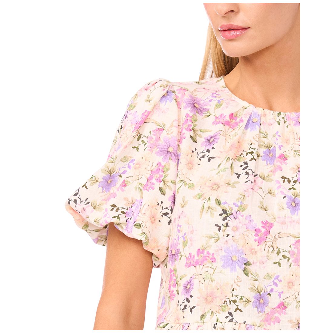CeCe Women's Puff Sleeves Shirred Crew Neck Peplum Top