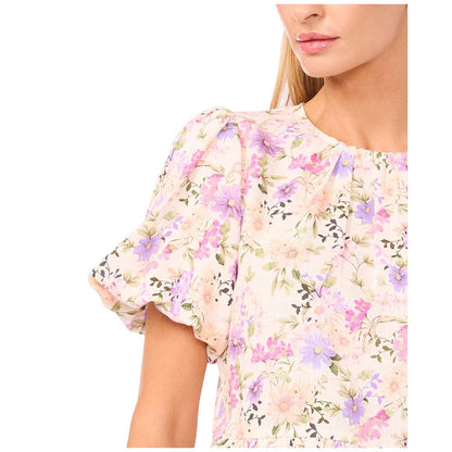 CeCe Women's Puff Sleeves Shirred Crew Neck Peplum Top