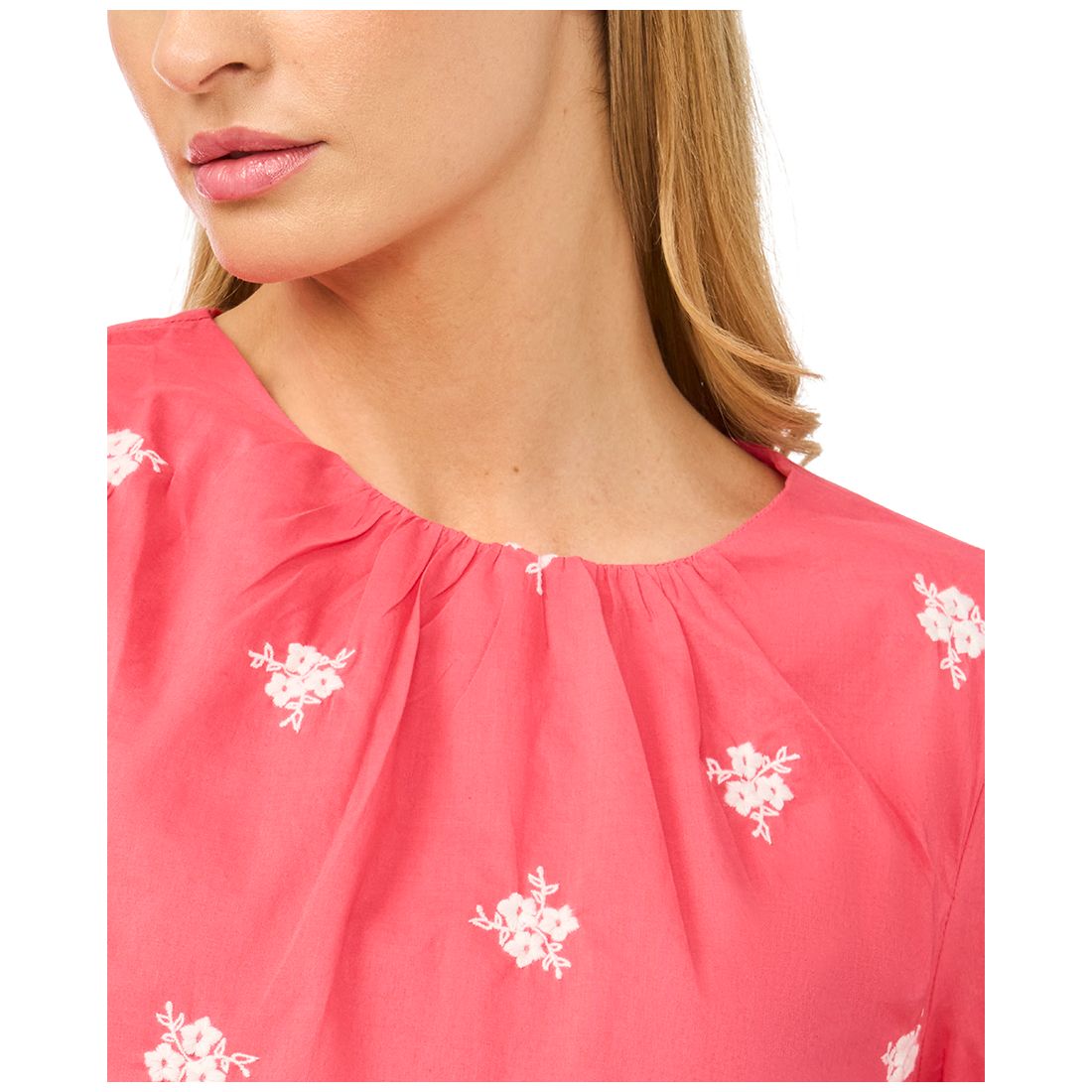 CeCe Women's Embroidered Shirred Neck Cotton Blouse