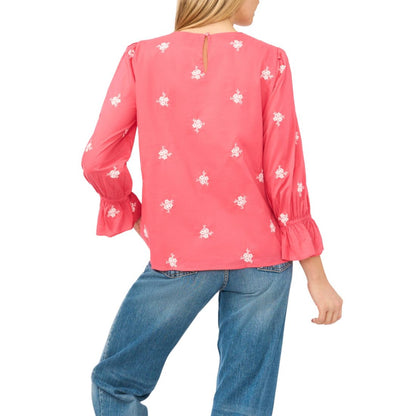 CeCe Women's Embroidered Shirred Neck Cotton Blouse