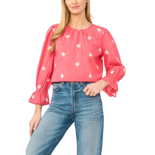 CeCe Women's Embroidered Shirred Neck Cotton Blouse