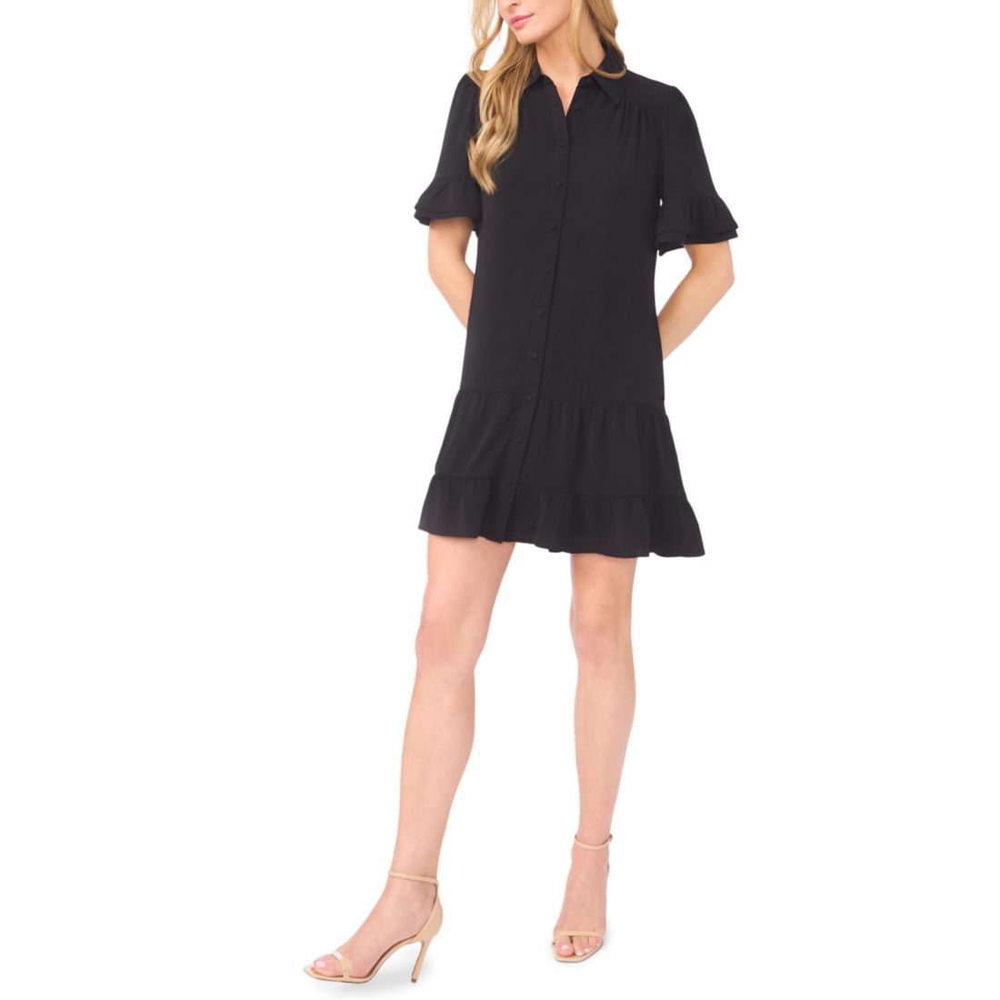 CeCe Women's Double Ruffle Sleeve Collared Mini Dress