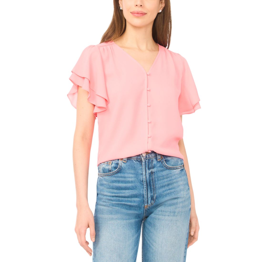 CeCe Women's V-Neck Double Flutter Sleeves Top
