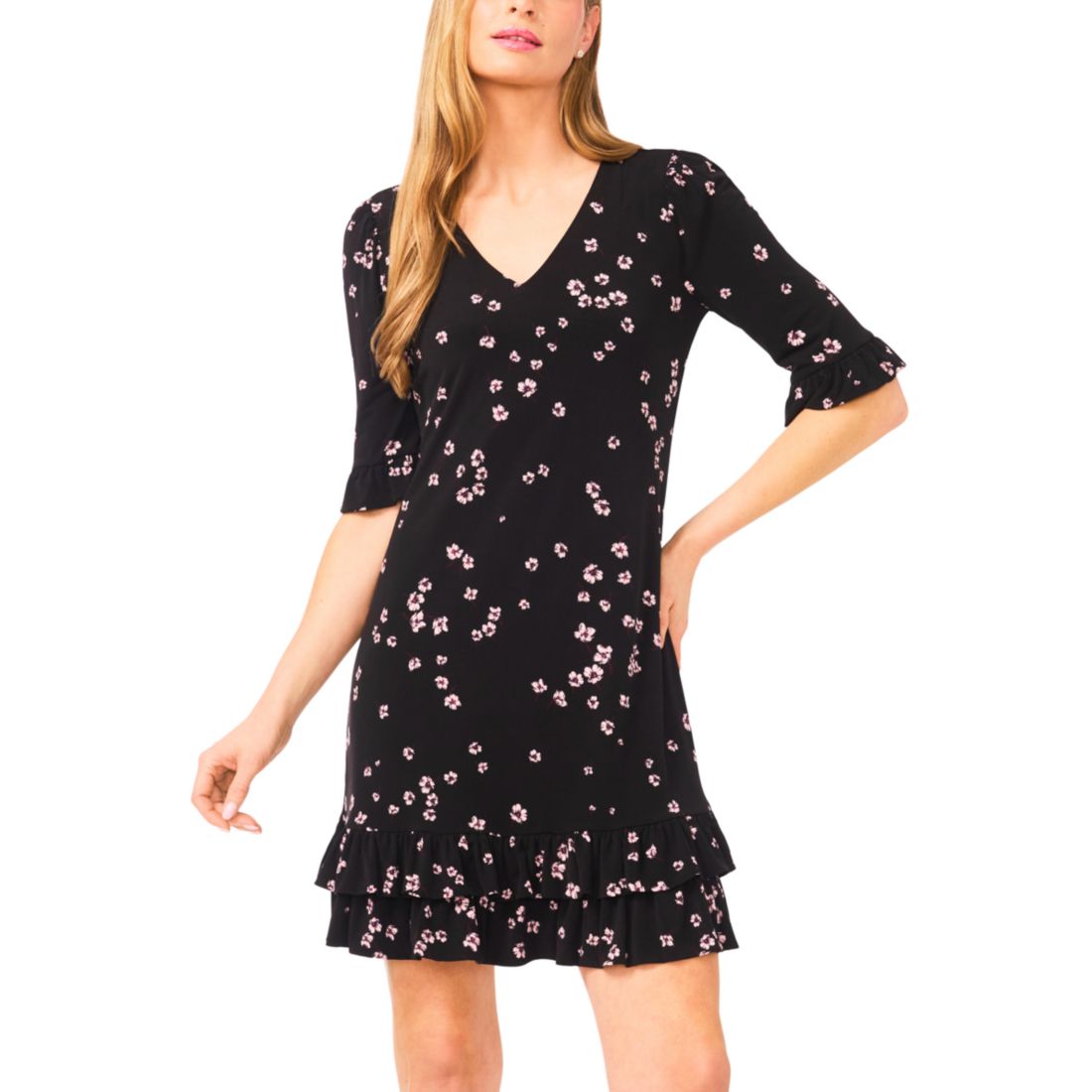 CeCe Women's 3/4-Length-Sleeve Ruffle Hem V-Neck Dress