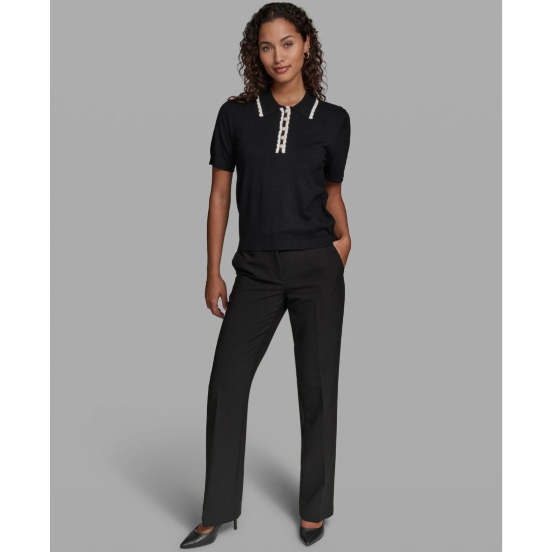 Karl Lagerfeld Paris Women's Short-Sleeve Collared Sweater