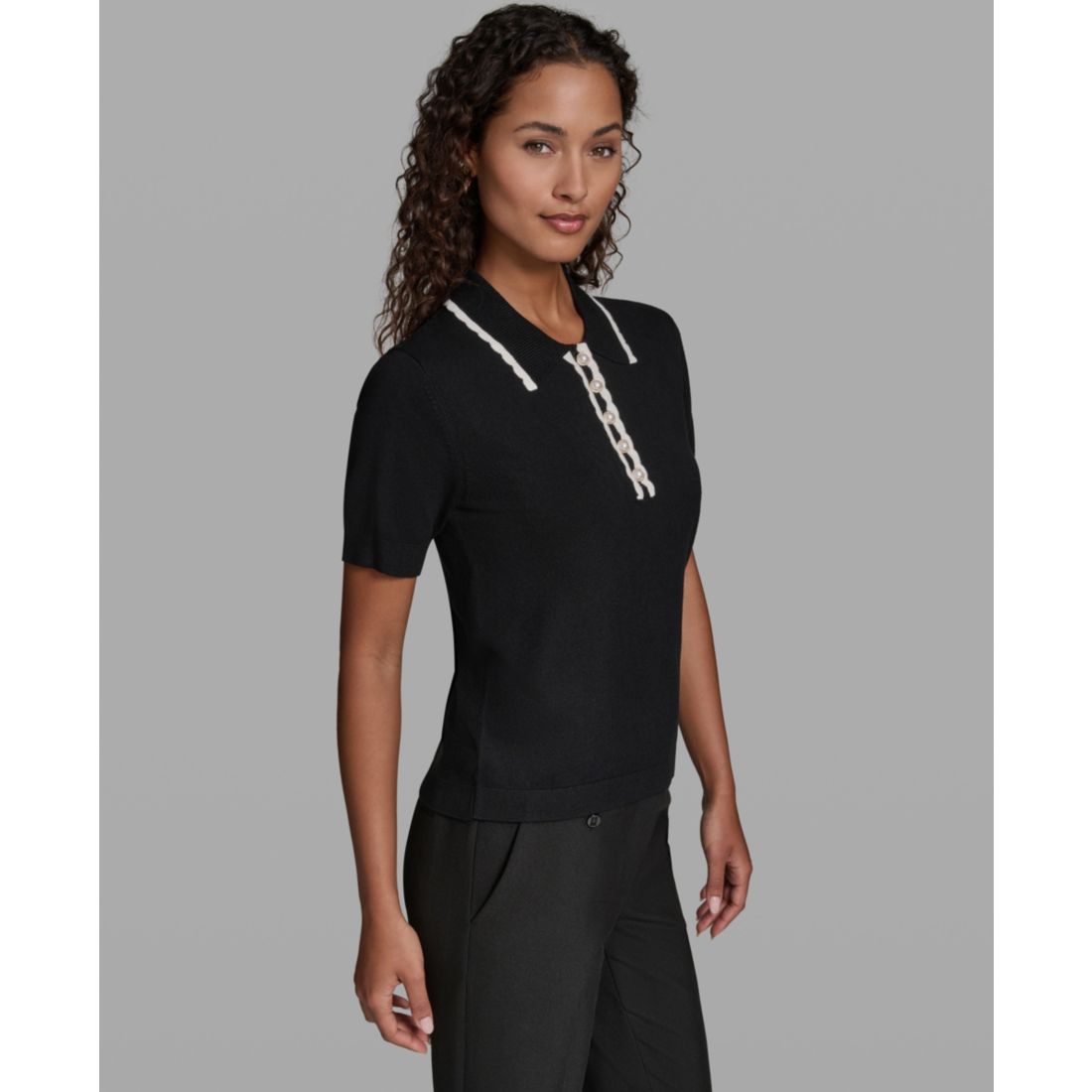 Karl Lagerfeld Paris Women's Short-Sleeve Collared Sweater