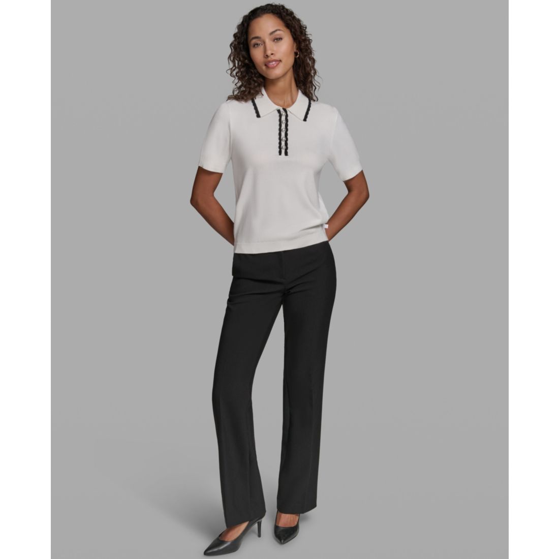Karl Lagerfeld Paris Women's Short-Sleeve Collared Sweater