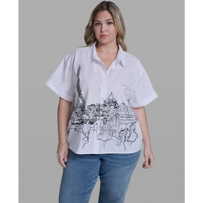 Karl Lagerfeld Paris Plus Size Paris Scene Poplin Short-Sleeve Top