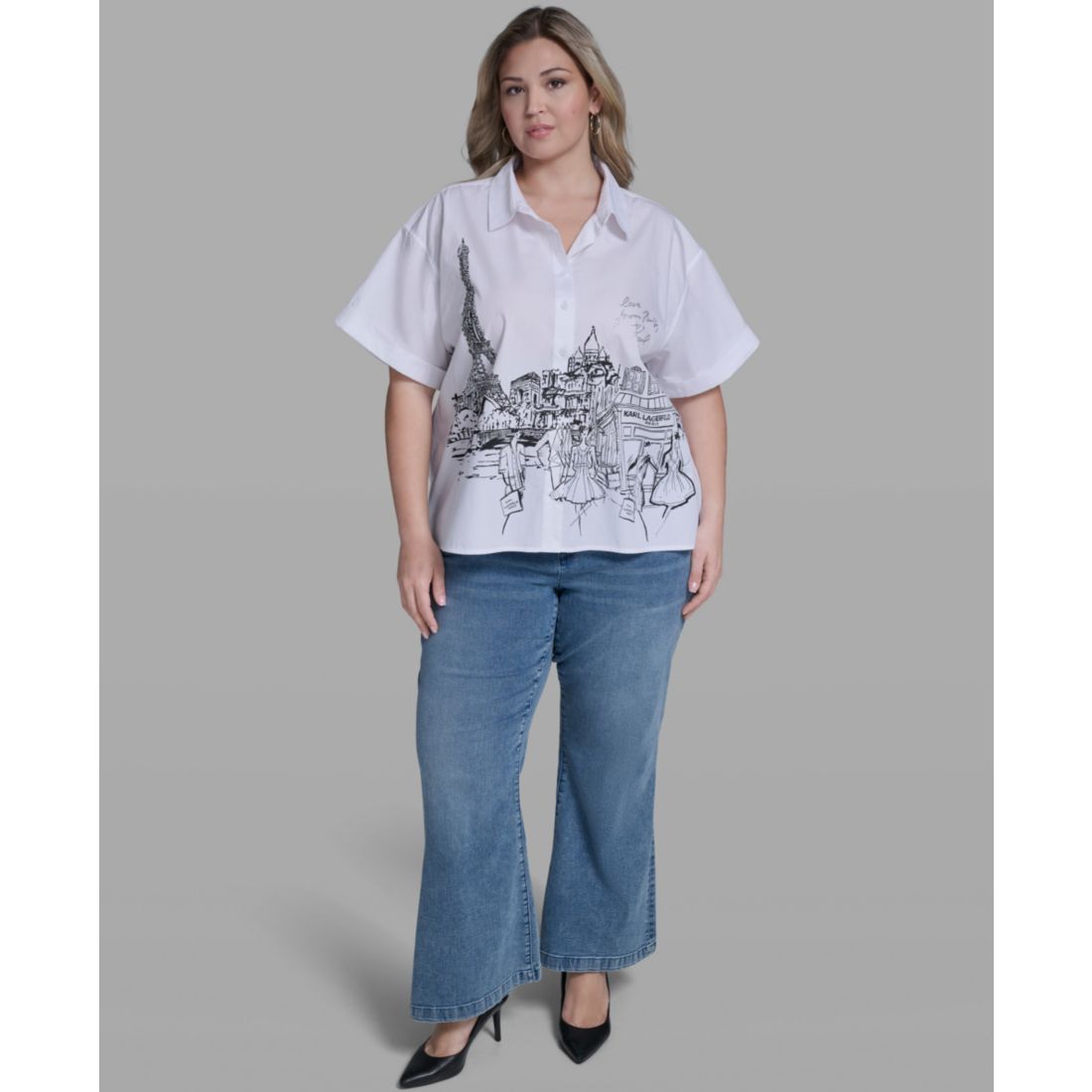 Karl Lagerfeld Paris Plus Size Paris Scene Poplin Short-Sleeve Top