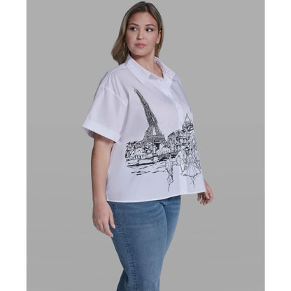 Karl Lagerfeld Paris Plus Size Paris Scene Poplin Short-Sleeve Top
