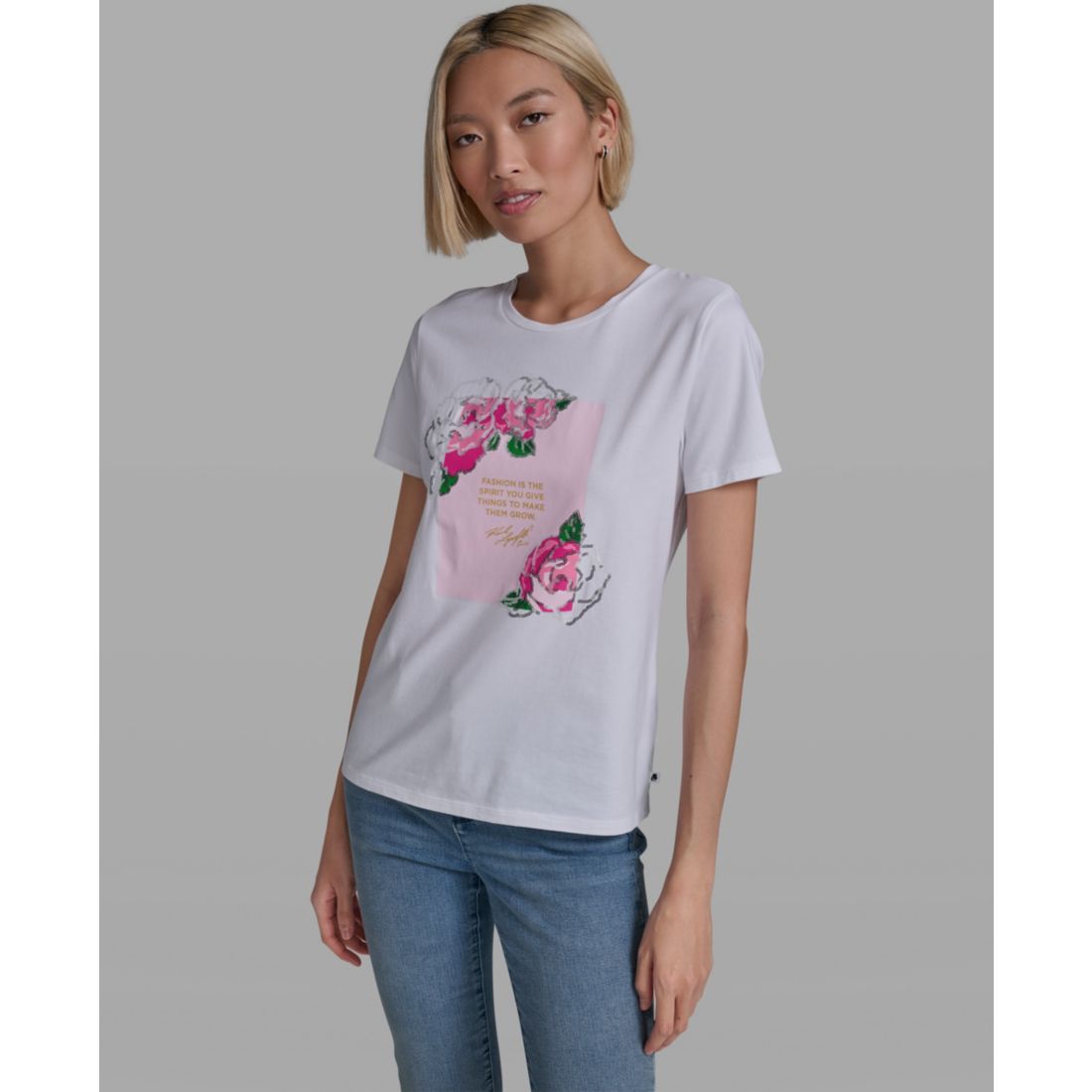 Karl Lagerfeld Paris Women's Rose Print Crew Neck T-Shirt