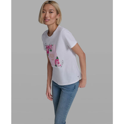 Karl Lagerfeld Paris Women's Rose Print Crew Neck T-Shirt