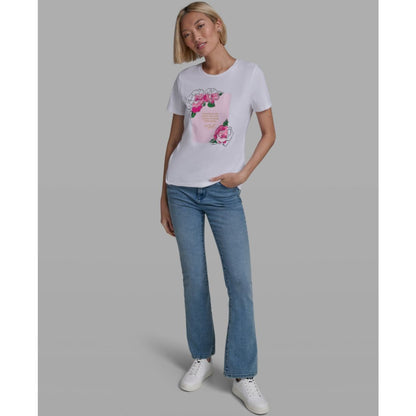 Karl Lagerfeld Paris Women's Rose Print Crew Neck T-Shirt