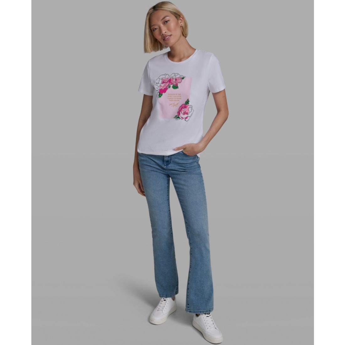 Karl Lagerfeld Paris Women's Rose Print Crew Neck T-Shirt