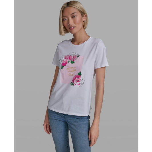 Karl Lagerfeld Paris Women's Rose Print Crew Neck T-Shirt