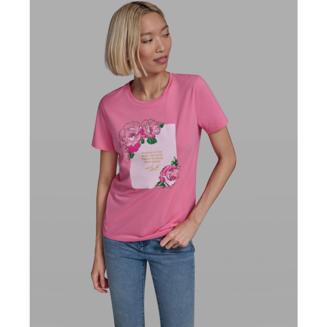 Karl Lagerfeld Paris Women's Rose Print Crew Neck T-Shirt
