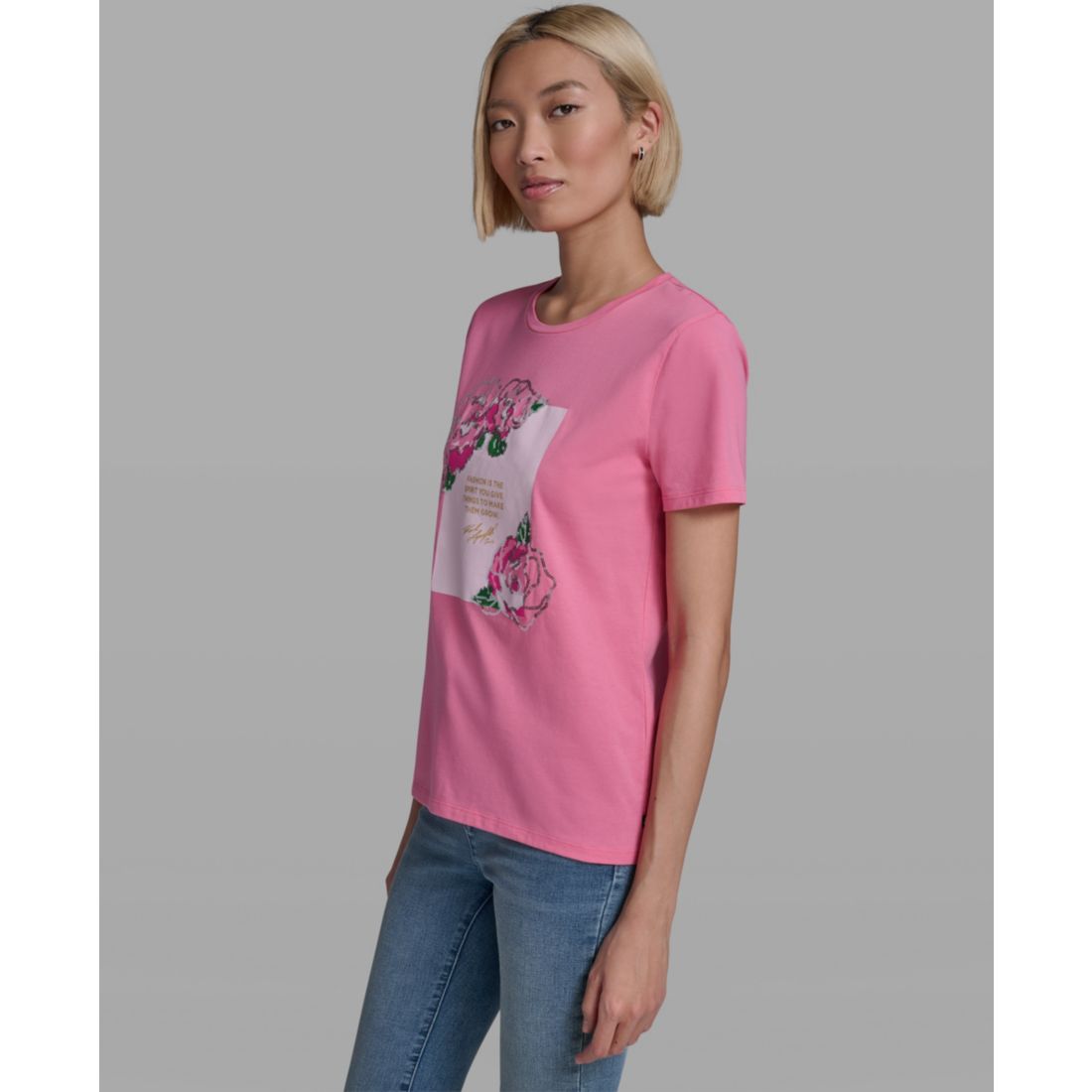 Karl Lagerfeld Paris Women's Rose Print Crew Neck T-Shirt