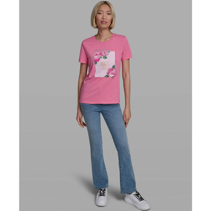 Karl Lagerfeld Paris Women's Rose Print Crew Neck T-Shirt