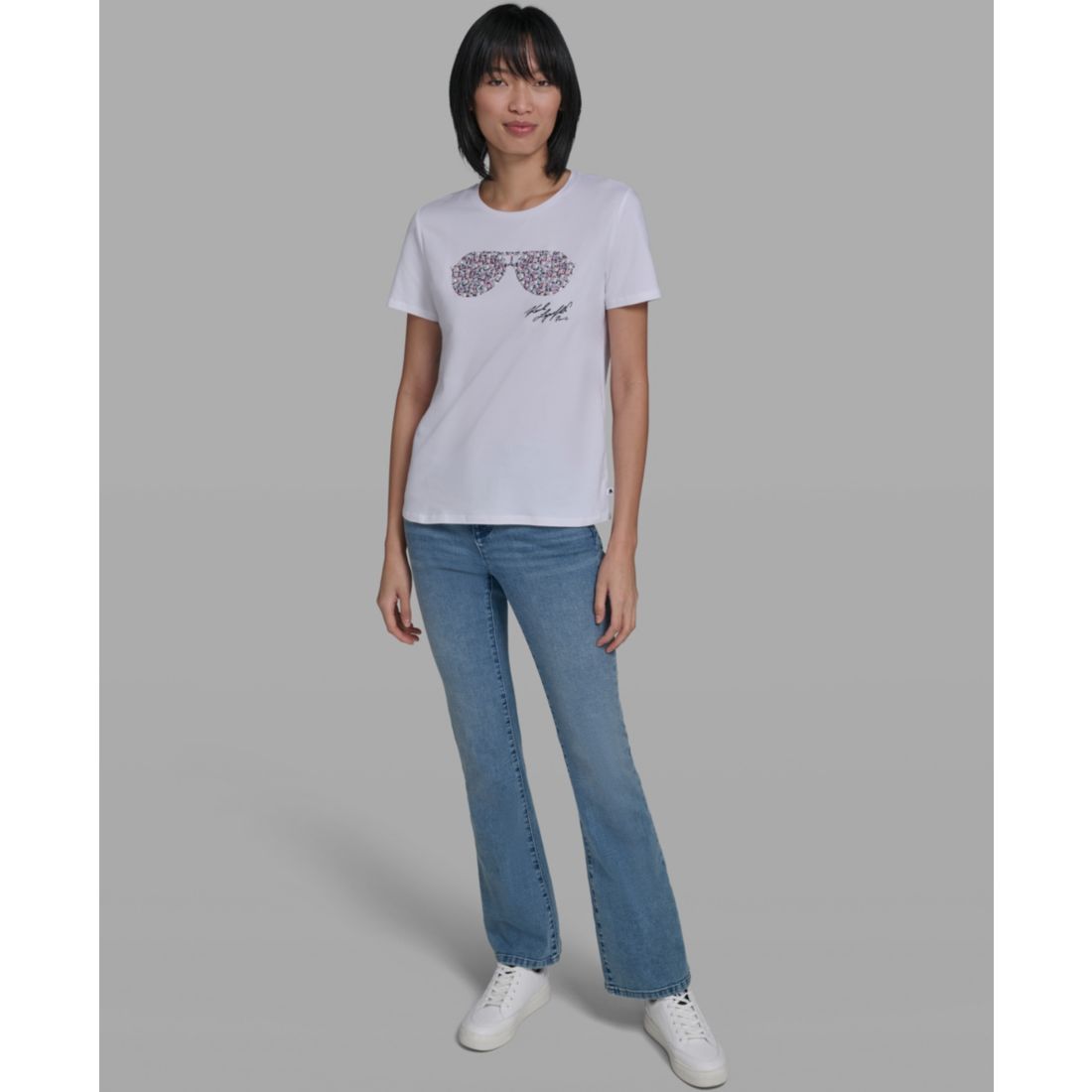 Karl Lagerfeld Paris Women's Crewneck Multi Jeweled Sunglass T-Shirt