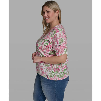 Karl Lagerfeld Paris Plus Size Floral Printed V-Neck Top