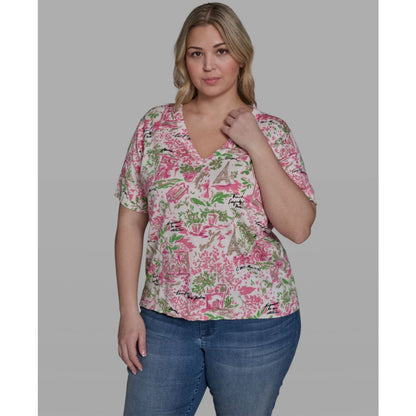 Karl Lagerfeld Paris Plus Size Floral Printed V-Neck Top
