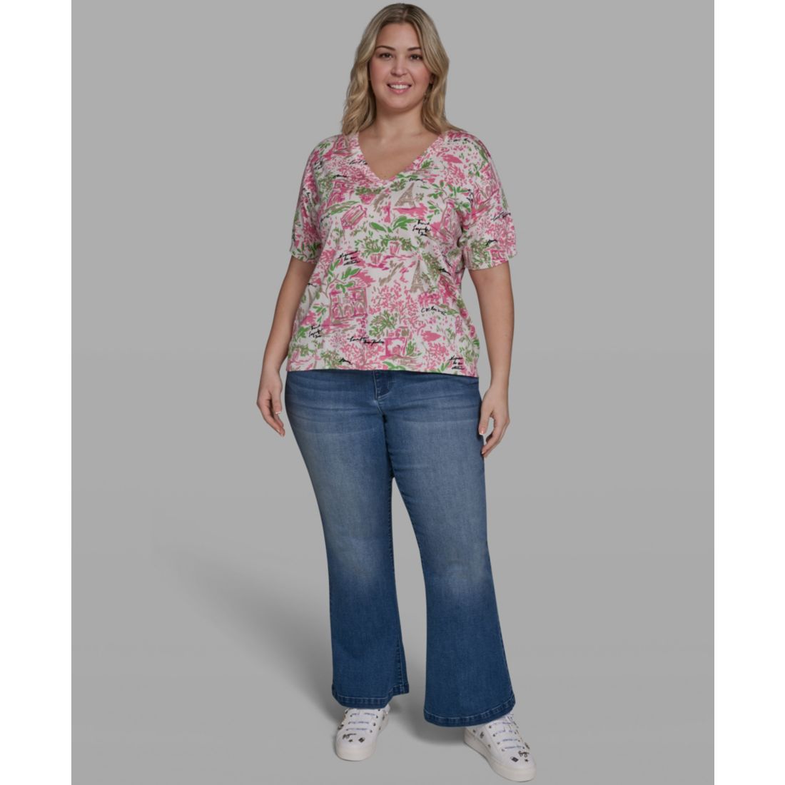 Karl Lagerfeld Paris Plus Size Floral Printed V-Neck Top