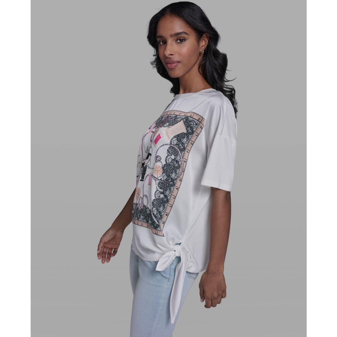 Karl Lagerfeld Paris Women's Karl & Choupette Frame Side Tie Crew Neck T-Shirt